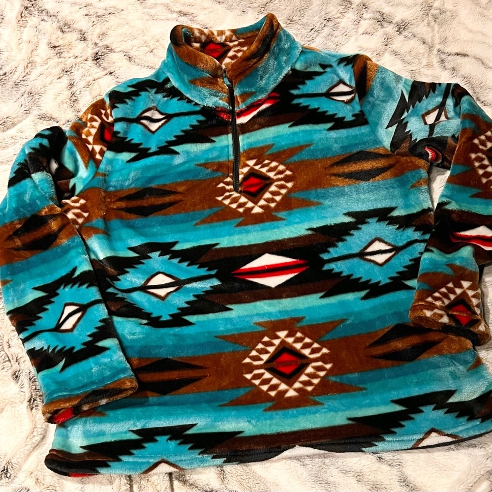 Turquoise Brown Aztec-Print Pullover Fleece Hoodie XL